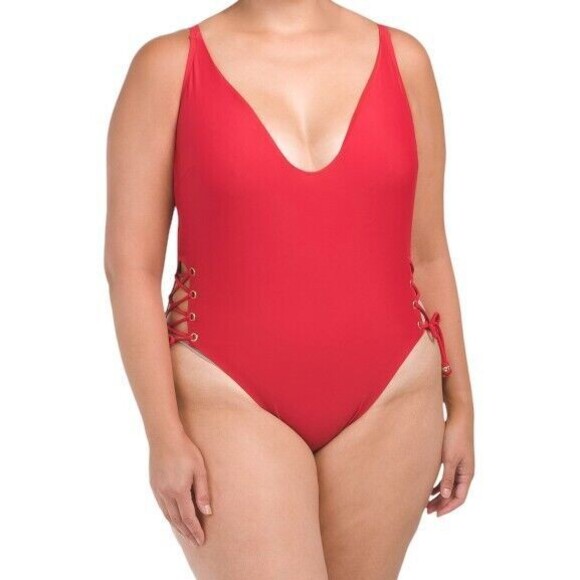 City Chic Womens Swimsuit siz 18 new nwt Lace Up One Piece Red Cherry High Leg - Picture 2 of 12